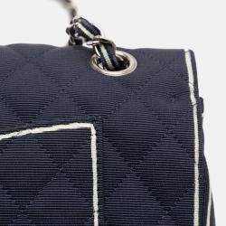 Pre Owned Chanel Navy Blue Medium Classic Printed Grosgrain Double Flap