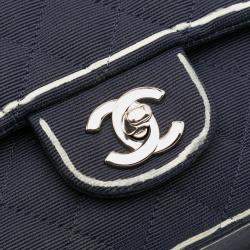 Pre Owned Chanel Navy Blue Medium Classic Printed Grosgrain Double Flap