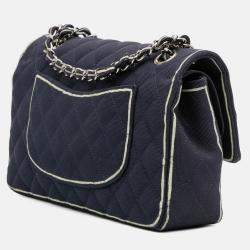 Pre Owned Chanel Navy Blue Medium Classic Printed Grosgrain Double Flap