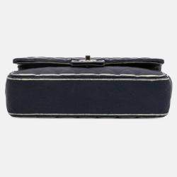 Pre Owned Chanel Navy Blue Medium Classic Printed Grosgrain Double Flap