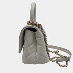 Pre Owned Chanel White Quilted Caviar Leather Mini Coco Top Handle Bag