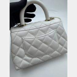 Pre Owned Chanel White Quilted Caviar Leather Mini Coco Top Handle Bag