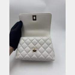 Pre Owned Chanel White Quilted Caviar Leather Mini Coco Top Handle Bag
