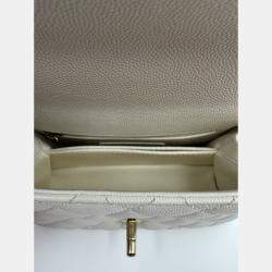 Pre Owned Chanel White Quilted Caviar Leather Mini Coco Top Handle Bag
