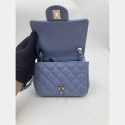 Pre Owned Chanel Blue Leather Mini Square Classic Single Flap