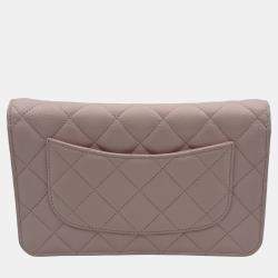 Pre Owned Chanel Light Pink Quilted Caviar Leather CC Wallet on Chain