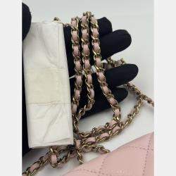 Pre Owned Chanel Light Pink Quilted Caviar Leather CC Wallet on Chain