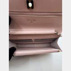 Pre Owned Chanel Light Pink Quilted Caviar Leather CC Wallet on Chain