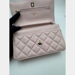 Pre Owned Chanel Light Pink Quilted Caviar Leather CC Wallet on Chain