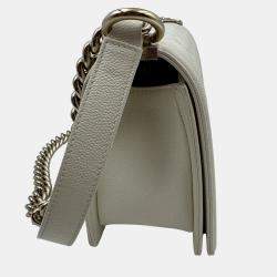 Pre Owned Chanel White Quilted Caviar Leather Medium Boy Flap Bag