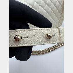 Pre Owned Chanel White Quilted Caviar Leather Medium Boy Flap Bag