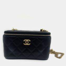 Pre Owned Chanel Vanity Heart Chain Black Caviar Leather Bag 