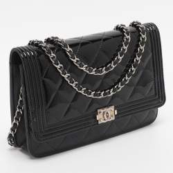 Pre Owned Chanel Black Patent Leather Boy Wallet On Chain