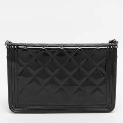 Pre Owned Chanel Black Patent Leather Boy Wallet On Chain