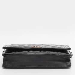 Pre Owned Chanel Black Patent Leather Boy Wallet On Chain