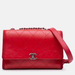 Pre Owned Chanel Red CC Quilted Crumpled Calfskin and Grosgrain Flap