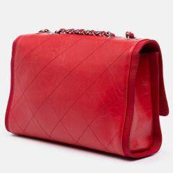 Pre Owned Chanel Red CC Quilted Crumpled Calfskin and Grosgrain Flap