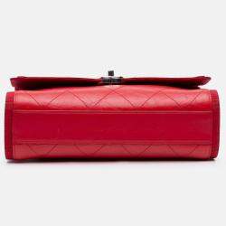 Pre Owned Chanel Red CC Quilted Crumpled Calfskin and Grosgrain Flap