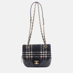 Pre Owned Chanel Black Grey Small CC Wool Tweed Flap