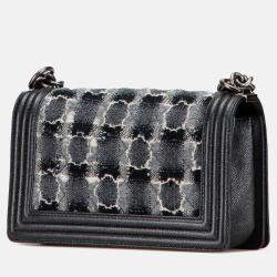 Pre Owned Chanel Grey Medium Quilted Tweed Caviar Boy Flap