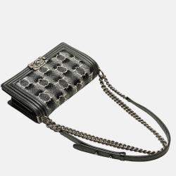 Pre Owned Chanel Grey Medium Quilted Tweed Caviar Boy Flap