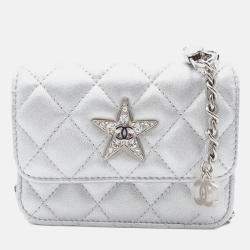 Pre Owned Chanel Silver Quilted Metallic Lambskin Crystal Star Chain Flap