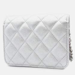 Pre Owned Chanel Silver Quilted Metallic Lambskin Crystal Star Chain Flap