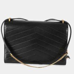 Pre Owned Chanel Black Chevron Quilted Calfskin Medal Flap Bag