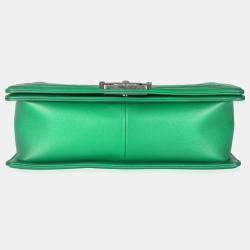 Pre Owned Chanel Green Quilted Lambskin Enamel CC Old Medium Boy Bag