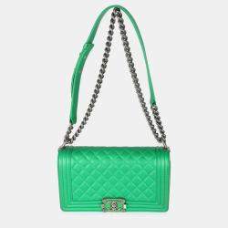 Pre Owned Chanel Green Quilted Lambskin Enamel CC Old Medium Boy Bag