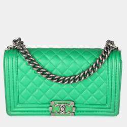 Pre Owned Chanel Green Quilted Lambskin Enamel CC Old Medium Boy Bag