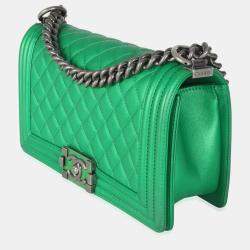 Pre Owned Chanel Green Quilted Lambskin Enamel CC Old Medium Boy Bag