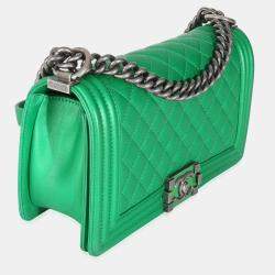 Pre Owned Chanel Green Quilted Lambskin Enamel CC Old Medium Boy Bag