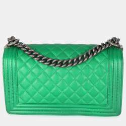 Pre Owned Chanel Green Quilted Lambskin Enamel CC Old Medium Boy Bag