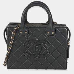 Pre Owned Chanel Black Quilted Calfskin Studded Square Vanity Case