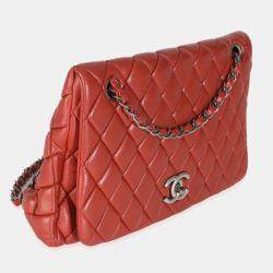 Pre Owned Chanel Red Lambskin Large New Bubble Flap Bag
