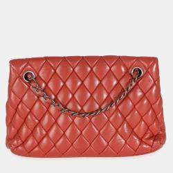 Pre Owned Chanel Red Lambskin Large New Bubble Flap Bag