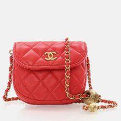 Pre Owned Chanel Mini Red Lambskin Pearl Crush Waist Bag