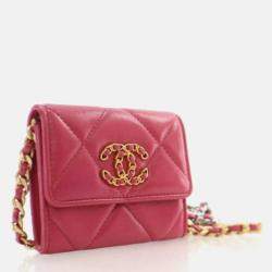 Pre Owned Chanel Red Lambskin 19 Cardholder on Chain