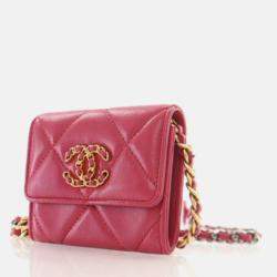 Pre Owned Chanel Red Lambskin 19 Cardholder on Chain