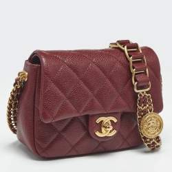 Pre Owned Chanel Burgundy Quilted Cavair Leather Mini Chain Soul Flap Bag