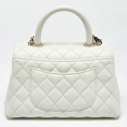 Pre Owned Chanel White Quilted Caviar Leather Mini Coco Top Handle Bag