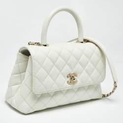 Pre Owned Chanel White Quilted Caviar Leather Mini Coco Top Handle Bag