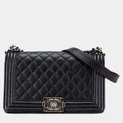 Pre Owned Chanel Black Old Medium Quilted Lambskin Boy Flap