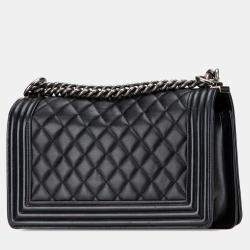 Pre Owned Chanel Black Old Medium Quilted Lambskin Boy Flap