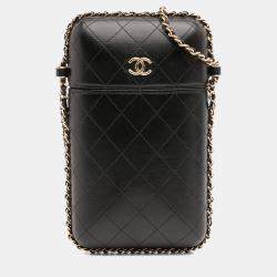 Pre Owned Chanel Black CC Quilted Lambskin Chain Around Phone Holder