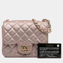 Pre Owned Chanel Pink Mini Square Classic Iridescent Calfskin Single Flap