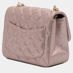 Pre Owned Chanel Pink Mini Square Classic Iridescent Calfskin Single Flap