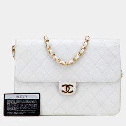 Pre Owned Chanel White CC Quilted Lambskin Single Flap