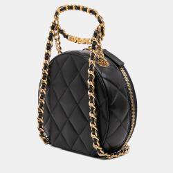 Pre Owned Chanel Black Quilted Lambskin Oval Logo Chain Top Handle Round Clutch on Chain